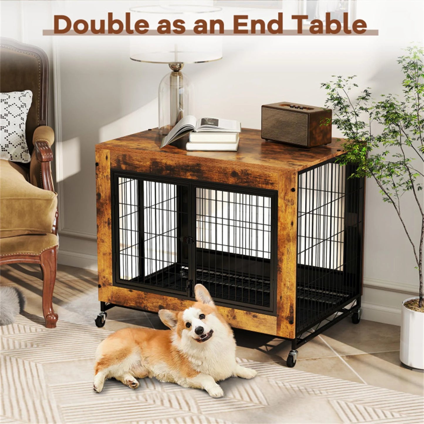 35" Dog Crate Rustic Style Furniture Dog Cage Crate with Double Doors and Lift Top Heavy-Duty Kennel, Brown