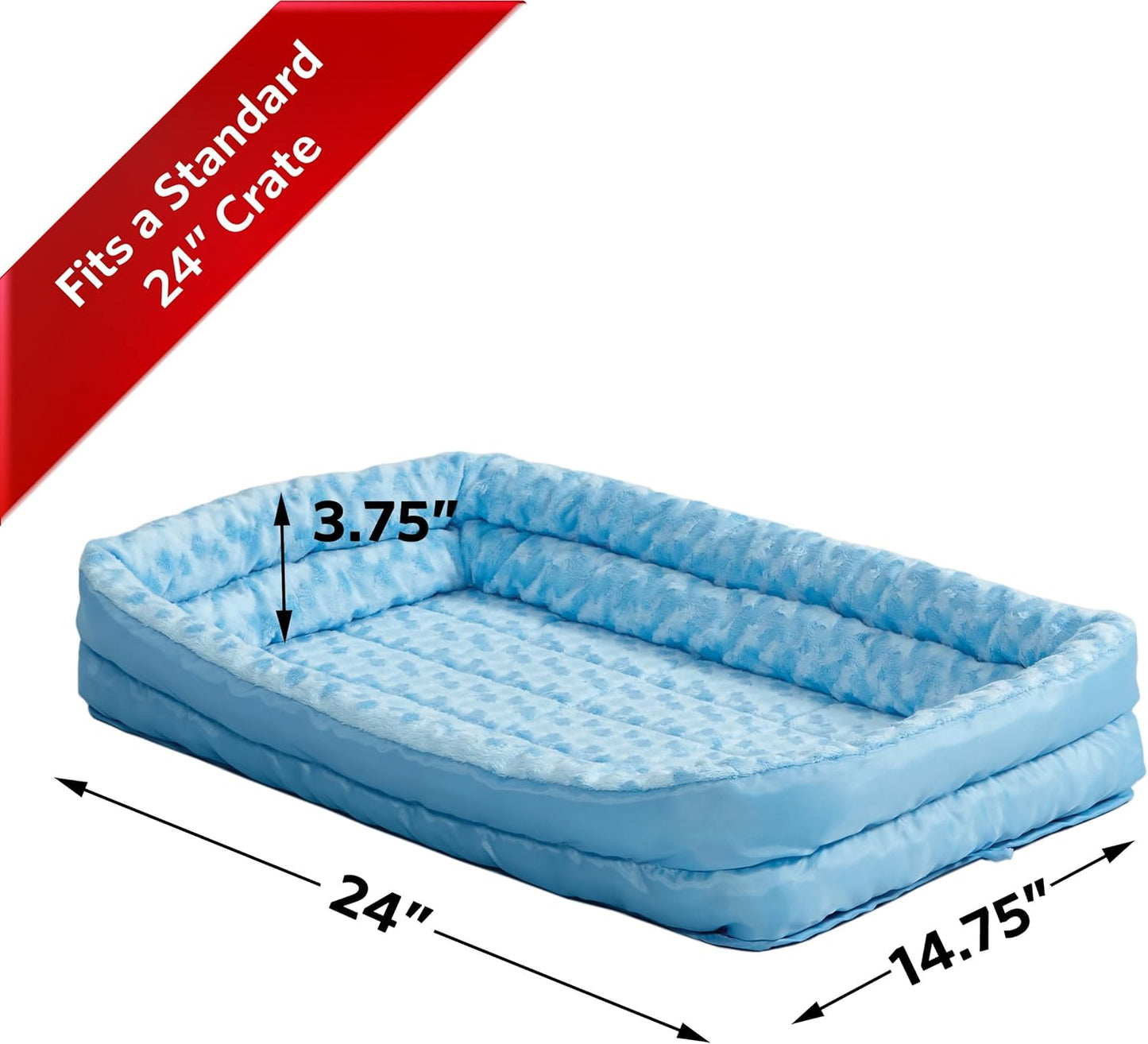 Small Quiettime Double Bolster Pet Bed, Blue Plush 24-Inch Crate Mat with Stacked Bolsters, Machine Washable, Secure Fit with Elastic Straps