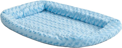 Small Quiettime Double Bolster Pet Bed, Blue Plush 24-Inch Crate Mat with Stacked Bolsters, Machine Washable, Secure Fit with Elastic Straps