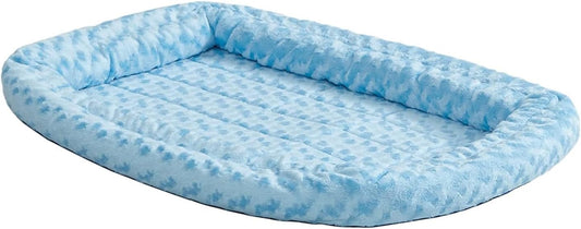 Small Quiettime Double Bolster Pet Bed, Blue Plush 24-Inch Crate Mat with Stacked Bolsters, Machine Washable, Secure Fit with Elastic Straps