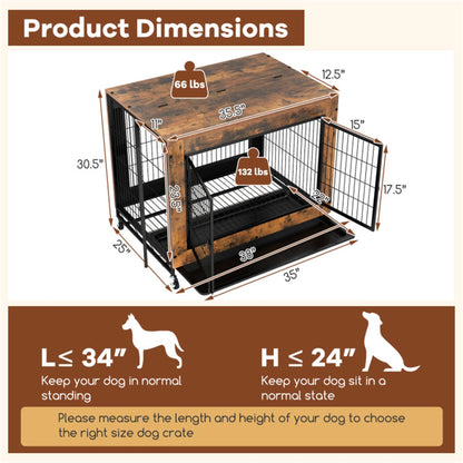 35" Dog Crate Rustic Style Furniture Dog Cage Crate with Double Doors and Lift Top Heavy-Duty Kennel, Brown