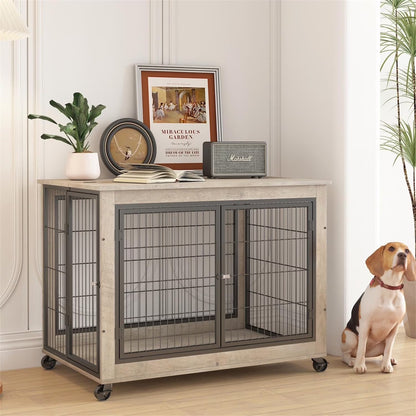 27 Inches Dog Crate Rustic Style Furniture Dog Cage Crate with Double Doors and Lift Top Heavy-Duty Kennel, Gray