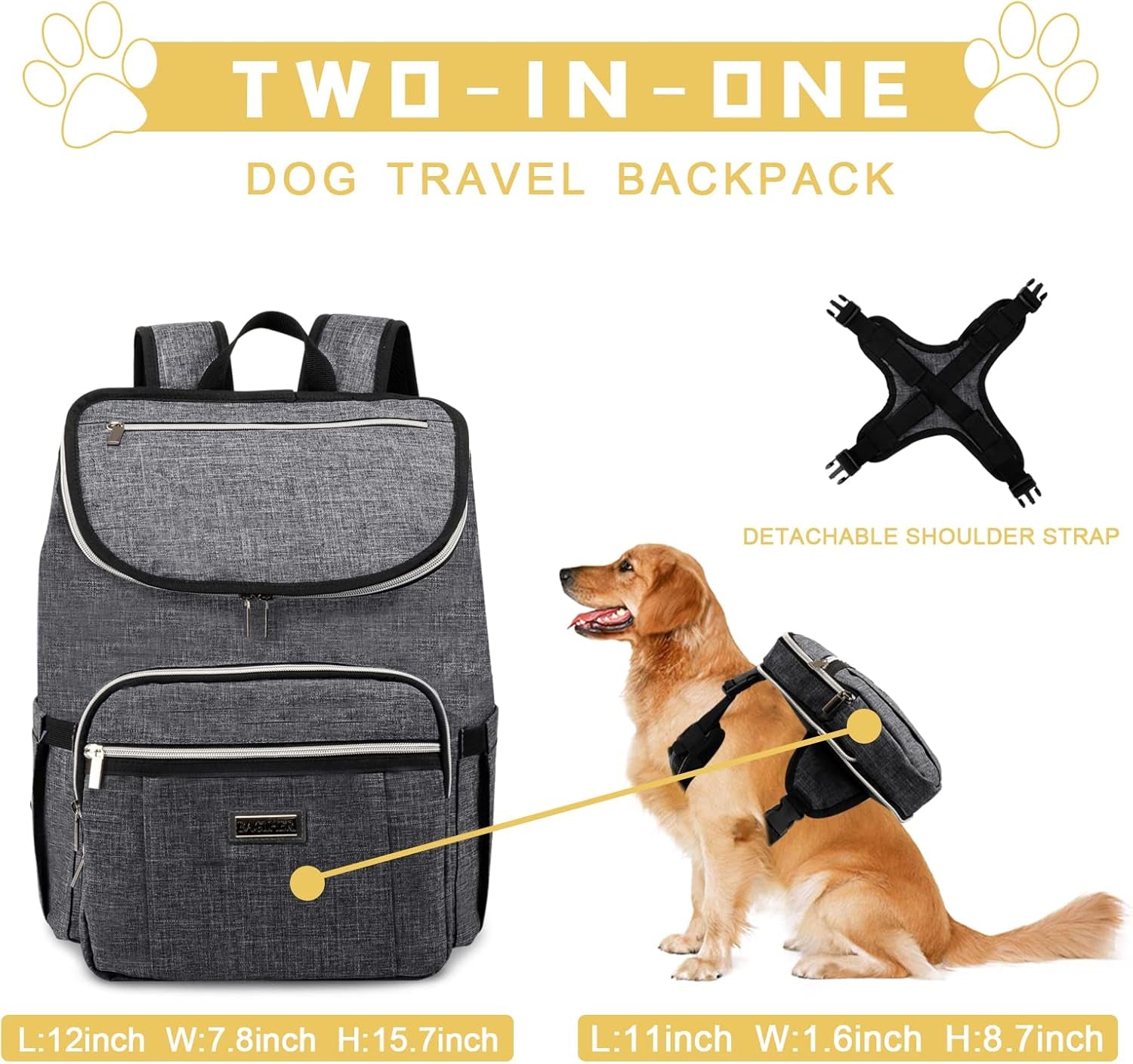 Travel Dog Backpack - Detachable Travel Dog Food Container for Pet Supplies Dog Gear Backpack,Dog Bag for Traveling with 2 Silicone Collapsible Bowls and 2 Food Baskets Grey