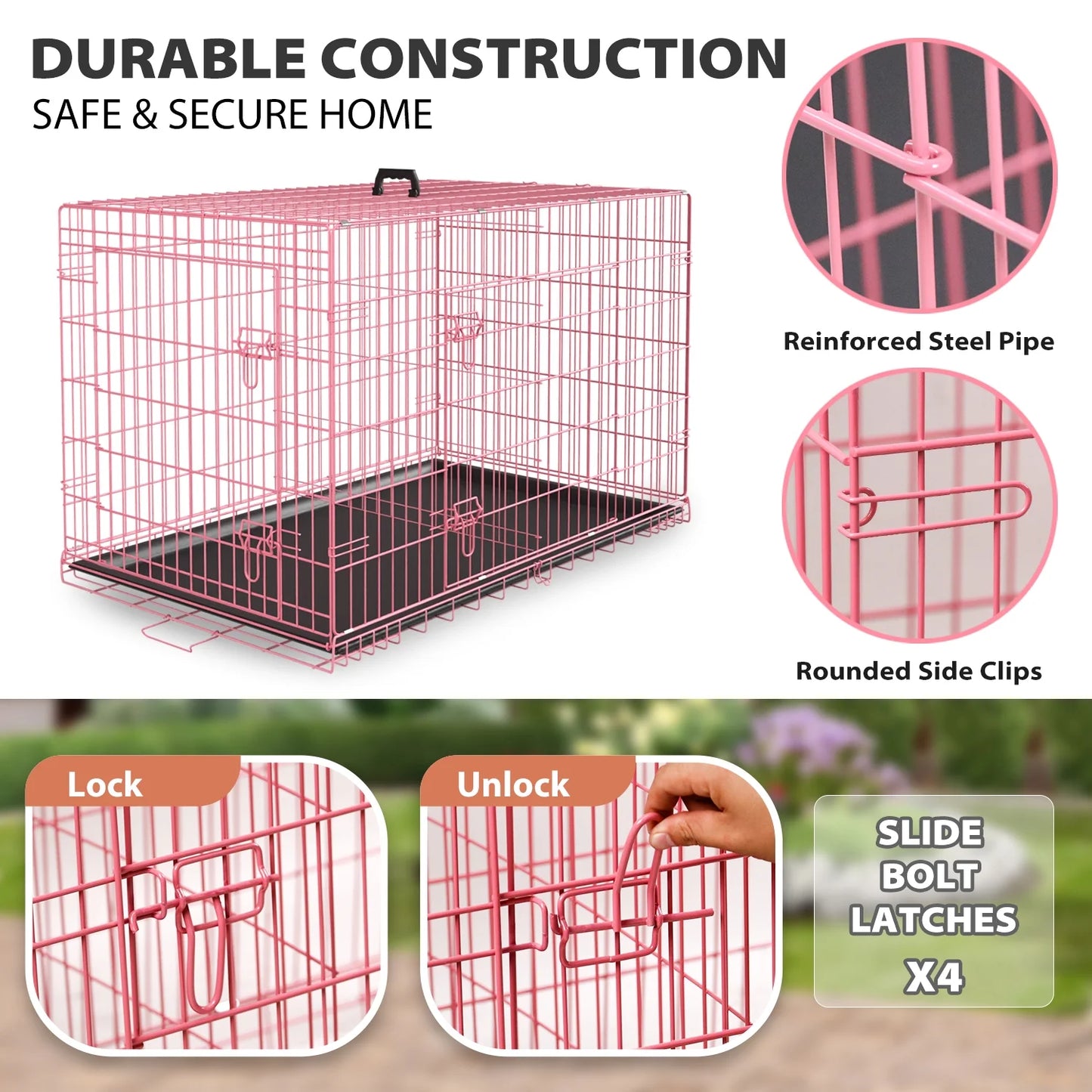 48 Inch Dog Crate, Dog Crates and Kennels for Big Dog Foldable Large Dog Crate for Large Dogs with Handle Double-Door Outdoor Metal Wire Dog Cage with Plastic Tray for Medium Dogs, Pink