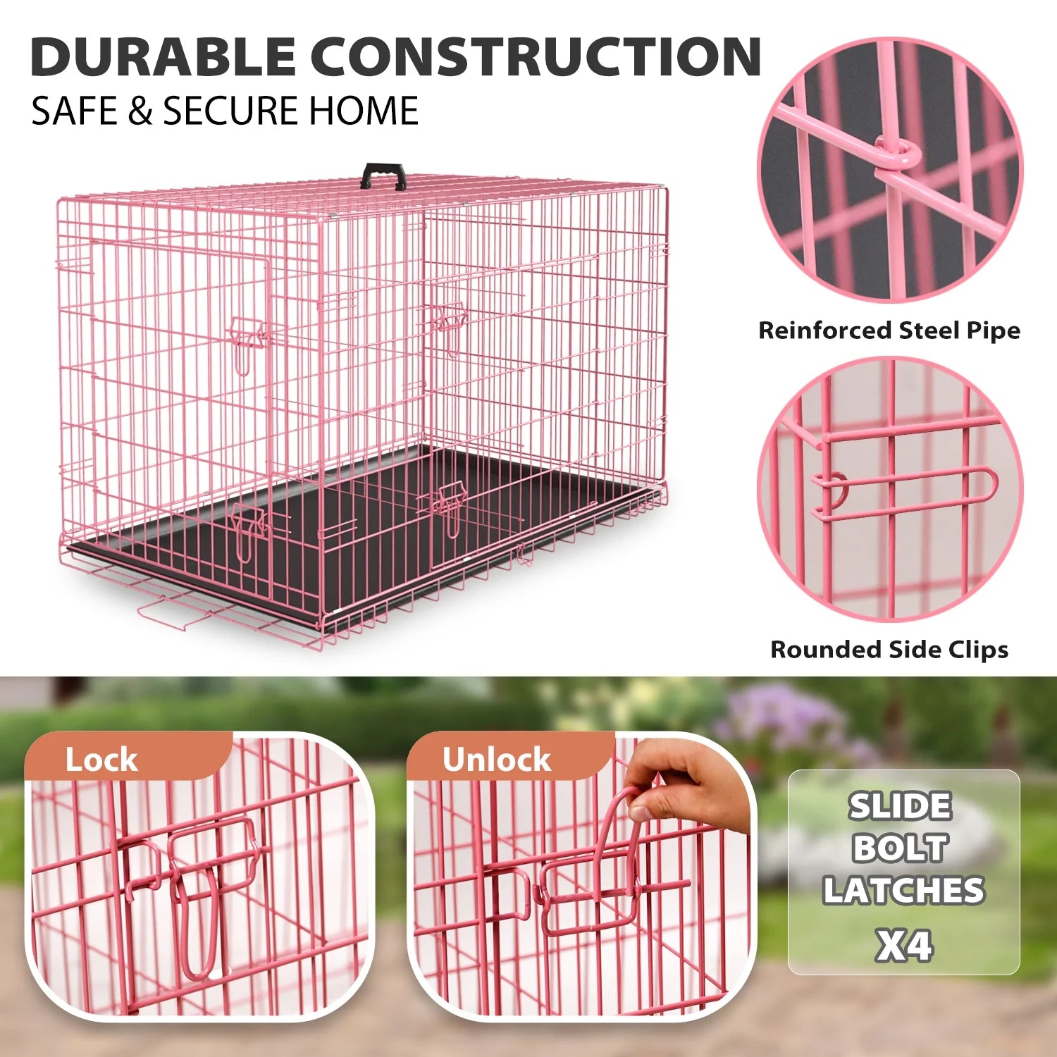 48 Inch Dog Crate, Dog Crates and Kennels for Big Dog Foldable Large Dog Crate for Large Dogs with Handle Double-Door Outdoor Metal Wire Dog Cage with Plastic Tray for Medium Dogs, Pink