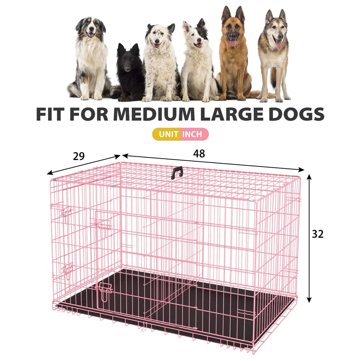 48 Inch Dog Crate, Dog Crates and Kennels for Big Dog Foldable Large Dog Crate for Large Dogs with Handle Double-Door Outdoor Metal Wire Dog Cage with Plastic Tray for Medium Dogs, Pink
