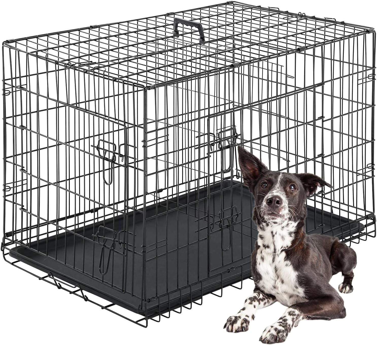 FDW Dog Crate for Large Dogs 42 Inch Folding Metal Wirepet Cage Double Door W/Di