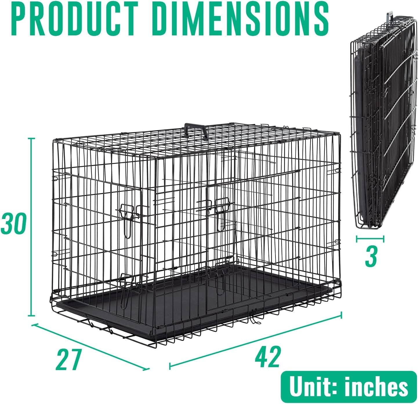 FDW Dog Crate for Large Dogs 42 Inch Folding Metal Wirepet Cage Double Door W/Di