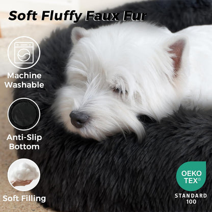 Calming Dog Bed & Cat Bed for Indoor Cats, Medium Size Washable Anti-Slip Anti-Anxiety Donut Dog Beds for Small Dogs & Cats, Fluffy Plush Cozy round Dogs Beds(20 Inch, Black)