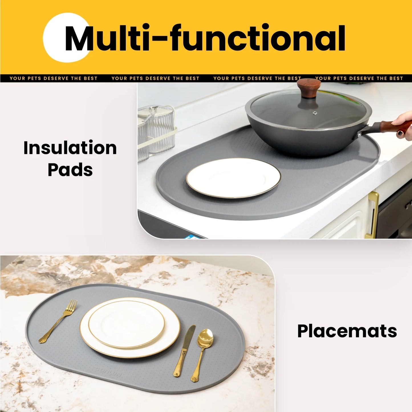 Dog Food Mat,Bpa-Free Silicone Pet Food Mats for Floor Waterproof,1/2 Inch Raised Edges Cat Dog Feeding Mat(Gray,32"X20")