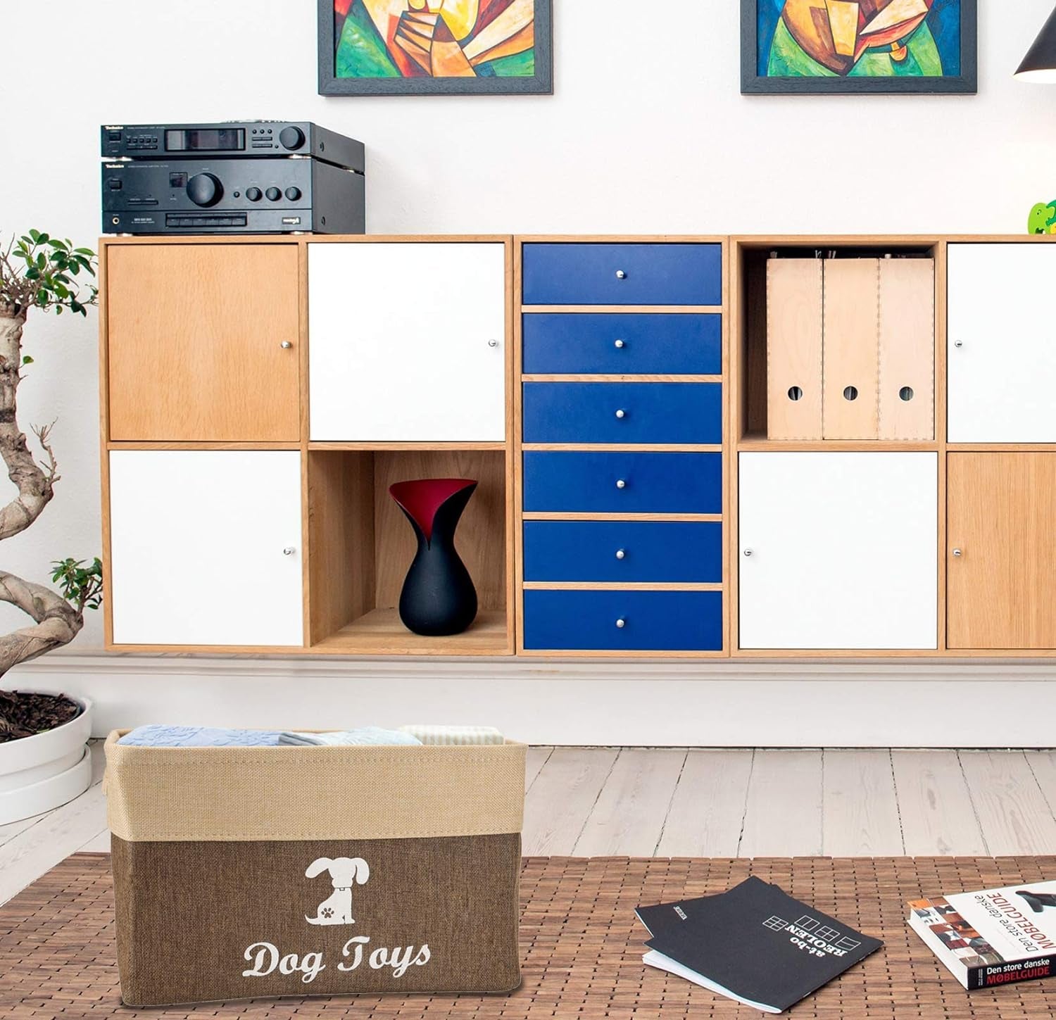 Linen Storage Basket Bin Chest Organizer - Perfect for Organizing Dog Toys Storage, Dog Shirts, Dog Coats, Dog Toys, Dog Clothing, Dog Dresses, Gift Baskets - Khaki