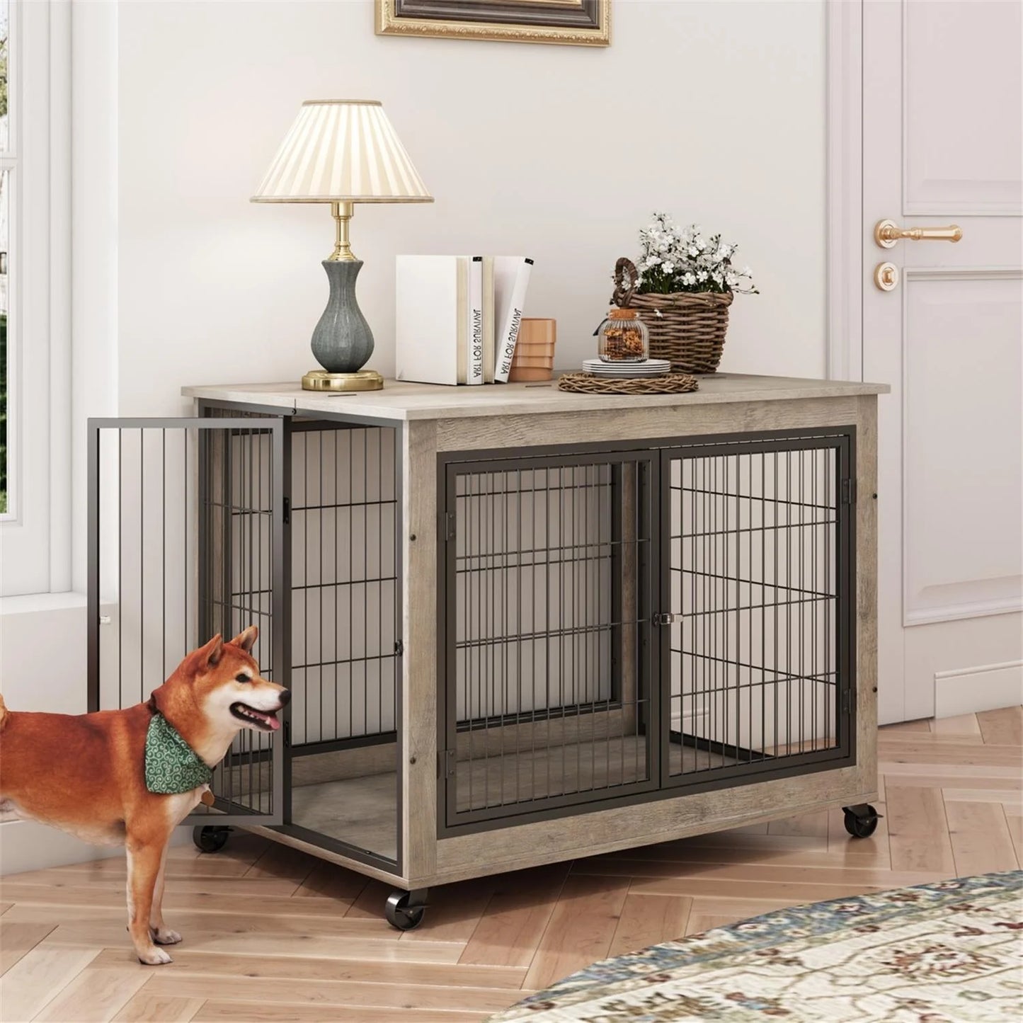 27 Inches Dog Crate Rustic Style Furniture Dog Cage Crate with Double Doors and Lift Top Heavy-Duty Kennel, Gray