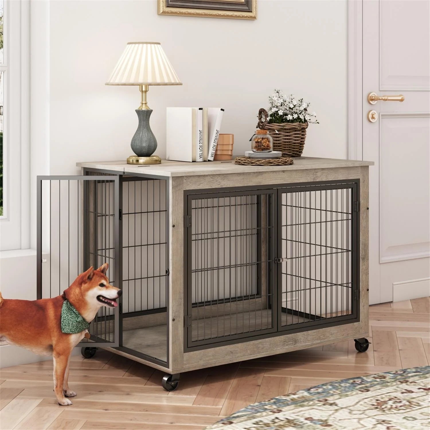 27 Inches Dog Crate Rustic Style Furniture Dog Cage Crate with Double Doors and Lift Top Heavy-Duty Kennel, Gray