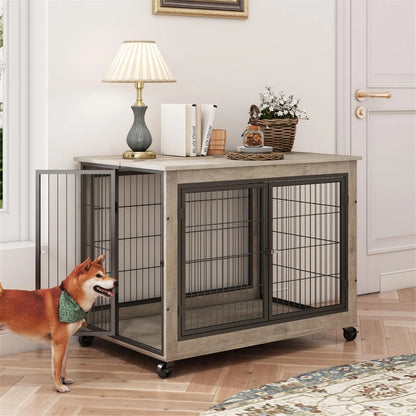 27 Inches Dog Crate Rustic Style Furniture Dog Cage Crate with Double Doors and Lift Top Heavy-Duty Kennel, Gray