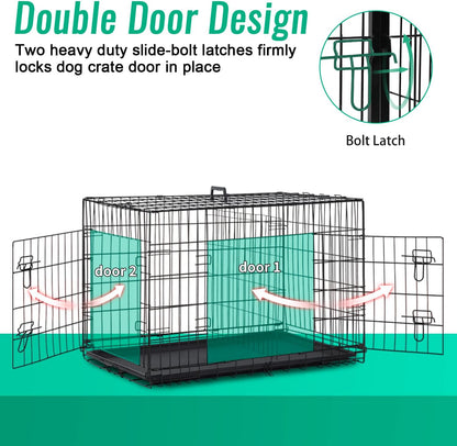 FDW Dog Crate for Large Dogs 42 Inch Folding Metal Wirepet Cage Double Door W/Di