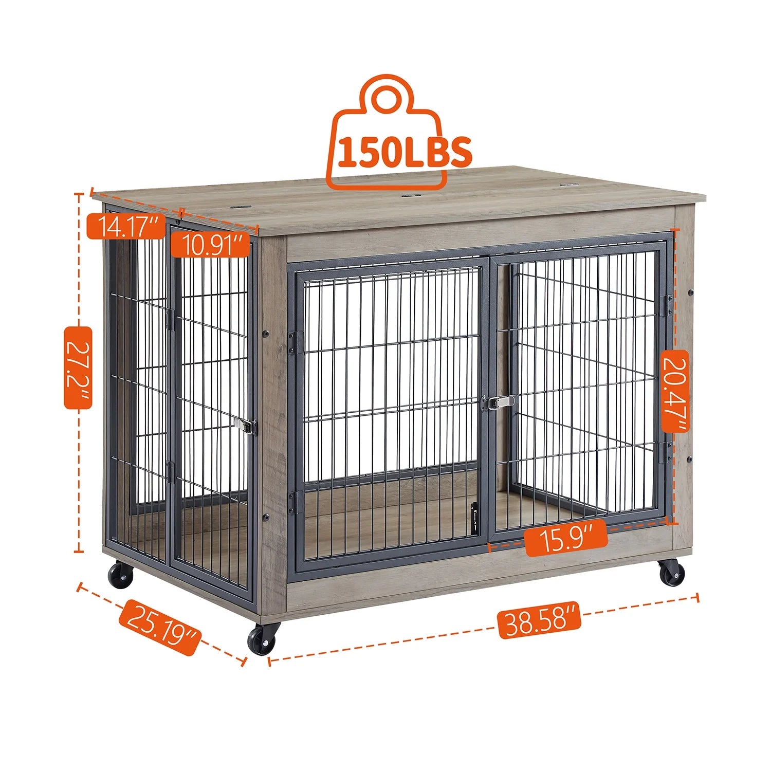 27 Inches Dog Crate Rustic Style Furniture Dog Cage Crate with Double Doors and Lift Top Heavy-Duty Kennel, Gray