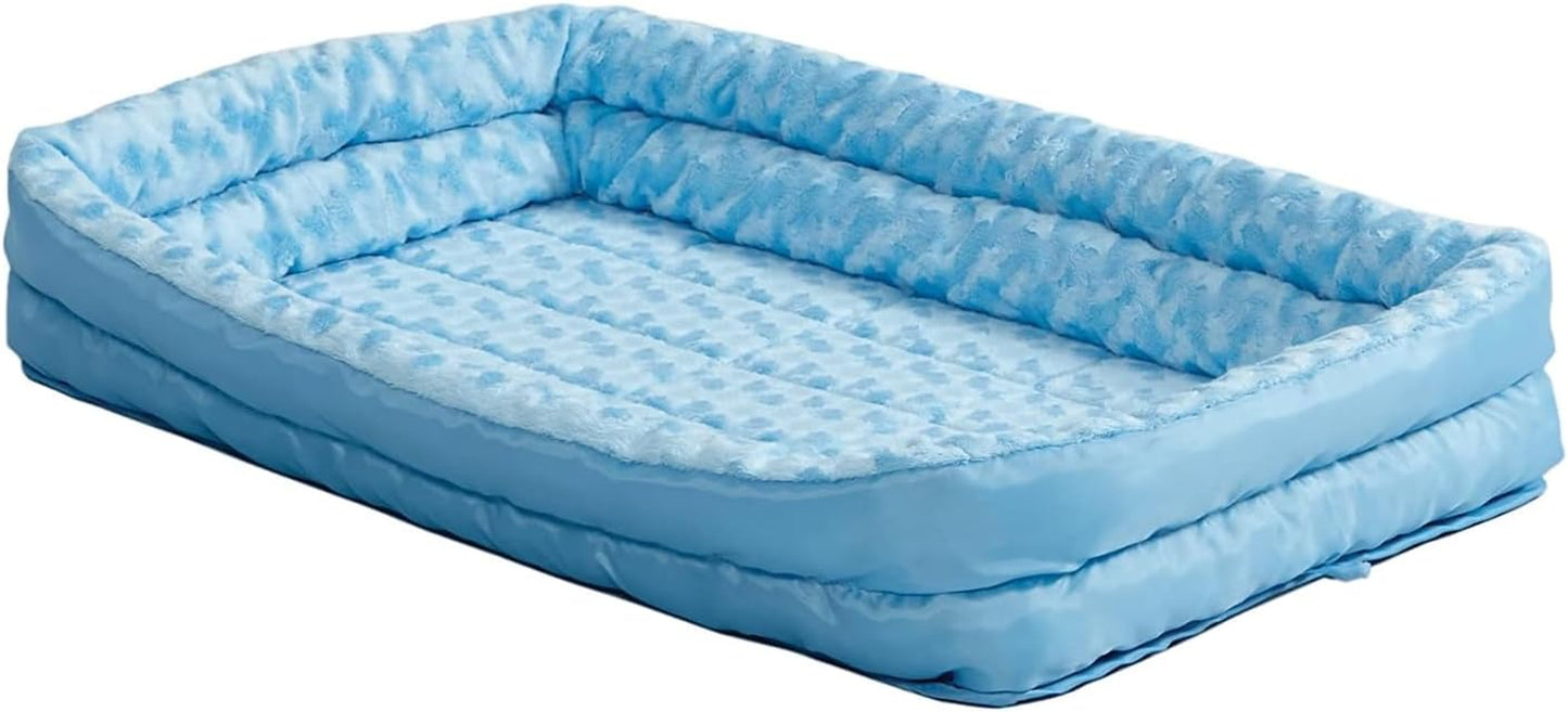 Small Quiettime Double Bolster Pet Bed, Blue Plush 24-Inch Crate Mat with Stacked Bolsters, Machine Washable, Secure Fit with Elastic Straps