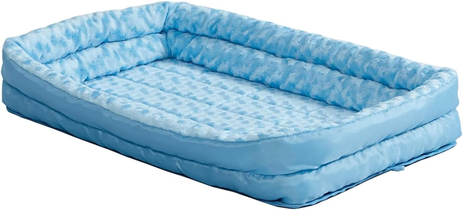 Small Quiettime Double Bolster Pet Bed, Blue Plush 24-Inch Crate Mat with Stacked Bolsters, Machine Washable, Secure Fit with Elastic Straps