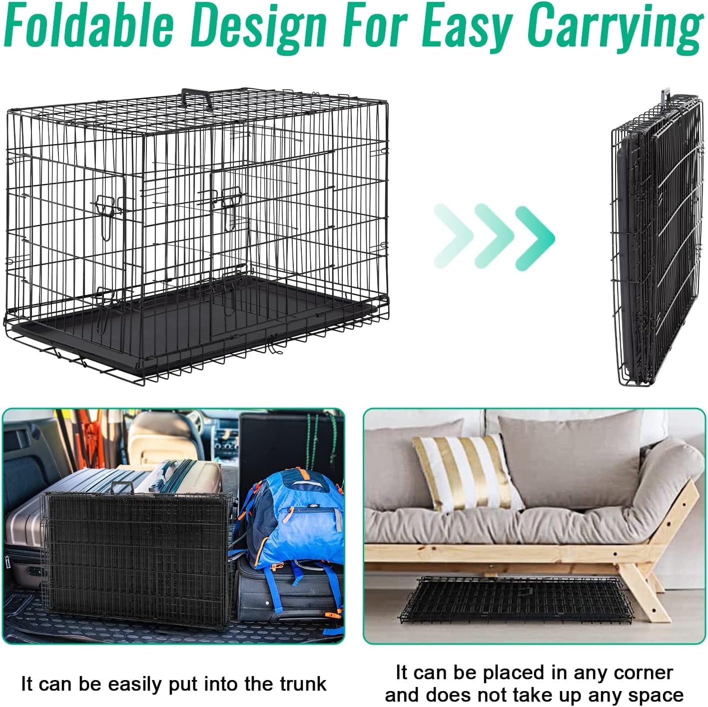 FDW Dog Crate for Large Dogs 42 Inch Folding Metal Wirepet Cage Double Door W/Di