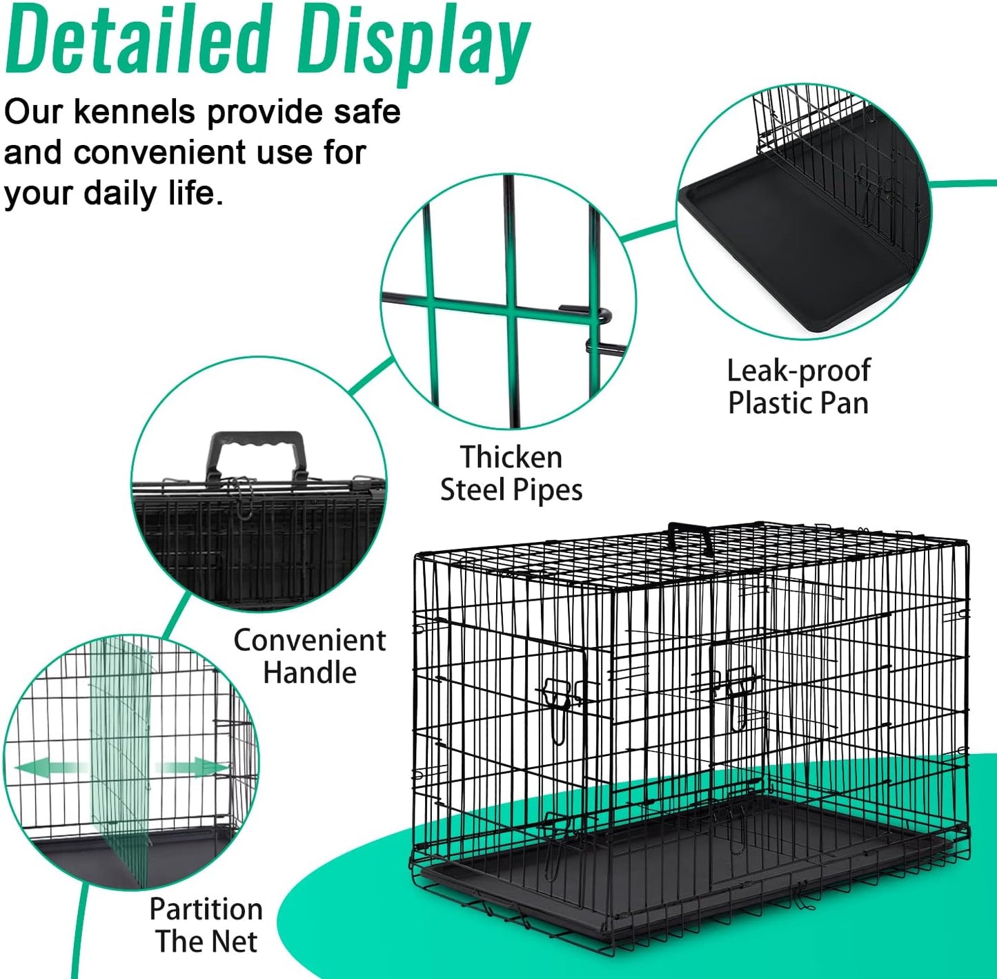 FDW Dog Crate for Large Dogs 42 Inch Folding Metal Wirepet Cage Double Door W/Di