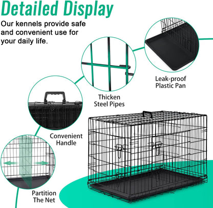 FDW Dog Crate for Large Dogs 42 Inch Folding Metal Wirepet Cage Double Door W/Di
