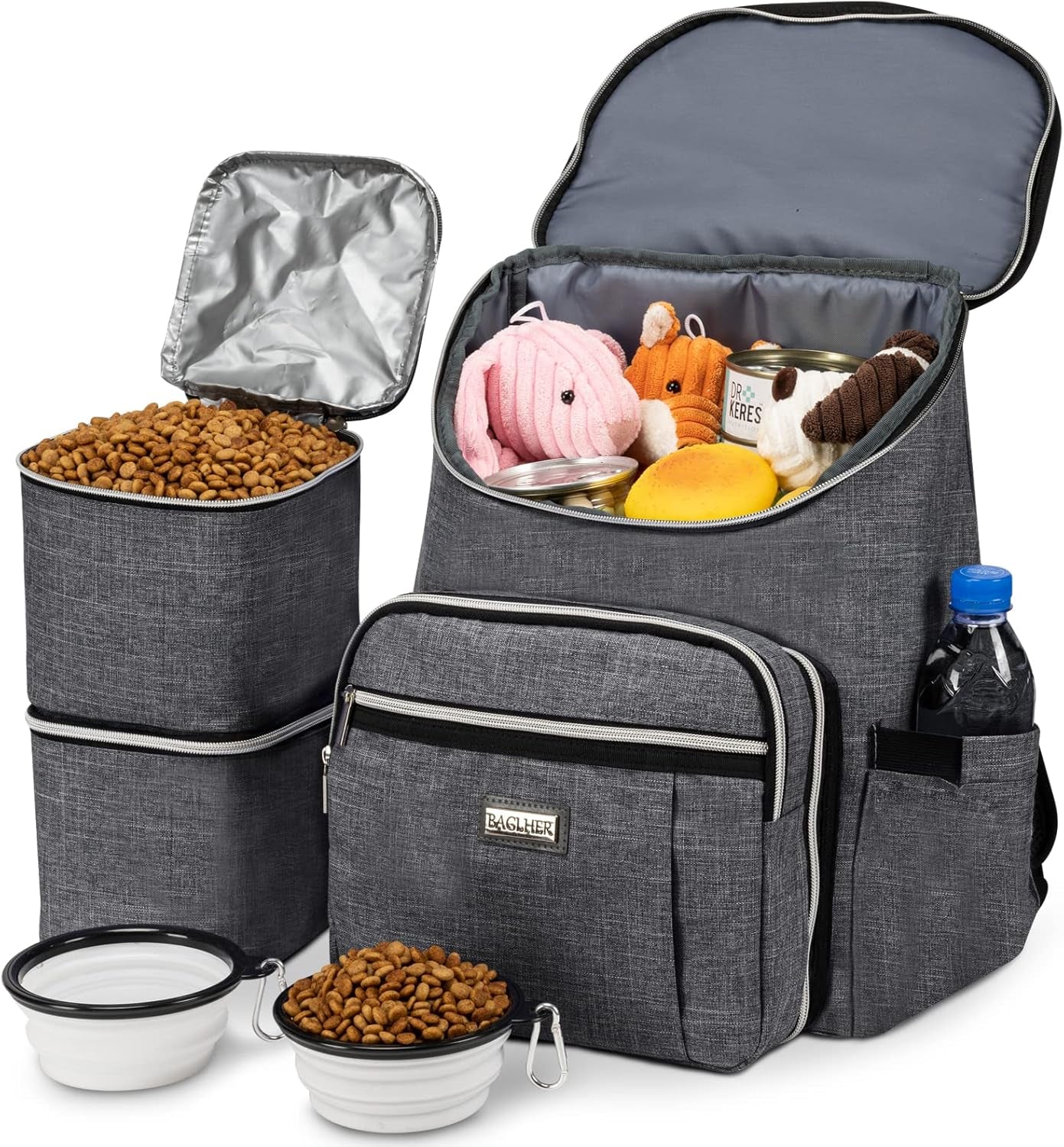 Travel Dog Backpack - Detachable Travel Dog Food Container for Pet Supplies Dog Gear Backpack,Dog Bag for Traveling with 2 Silicone Collapsible Bowls and 2 Food Baskets Grey