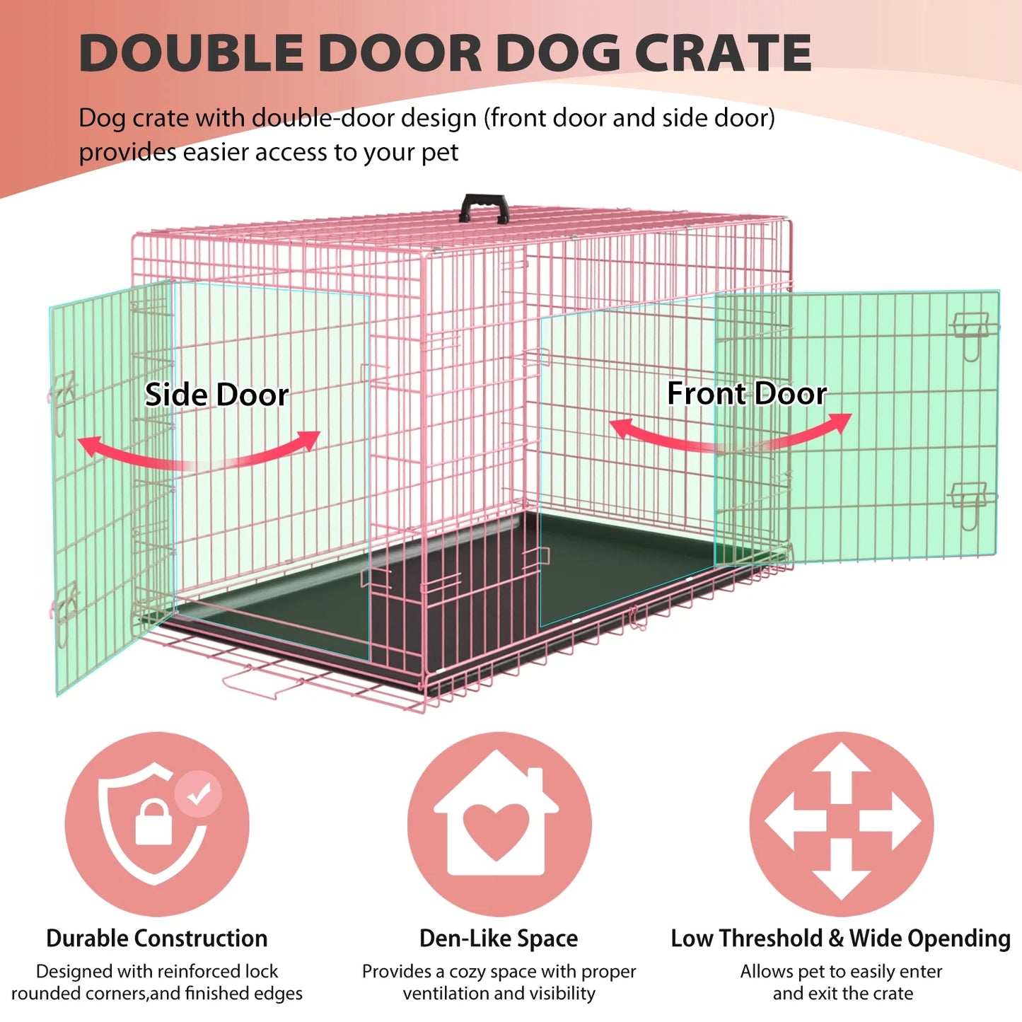 48 Inch Dog Crate, Dog Crates and Kennels for Big Dog Foldable Large Dog Crate for Large Dogs with Handle Double-Door Outdoor Metal Wire Dog Cage with Plastic Tray for Medium Dogs, Pink
