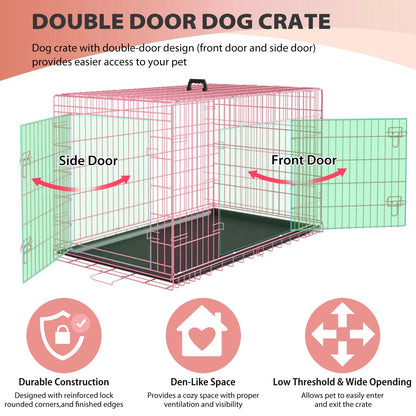 48 Inch Dog Crate, Dog Crates and Kennels for Big Dog Foldable Large Dog Crate for Large Dogs with Handle Double-Door Outdoor Metal Wire Dog Cage with Plastic Tray for Medium Dogs, Pink