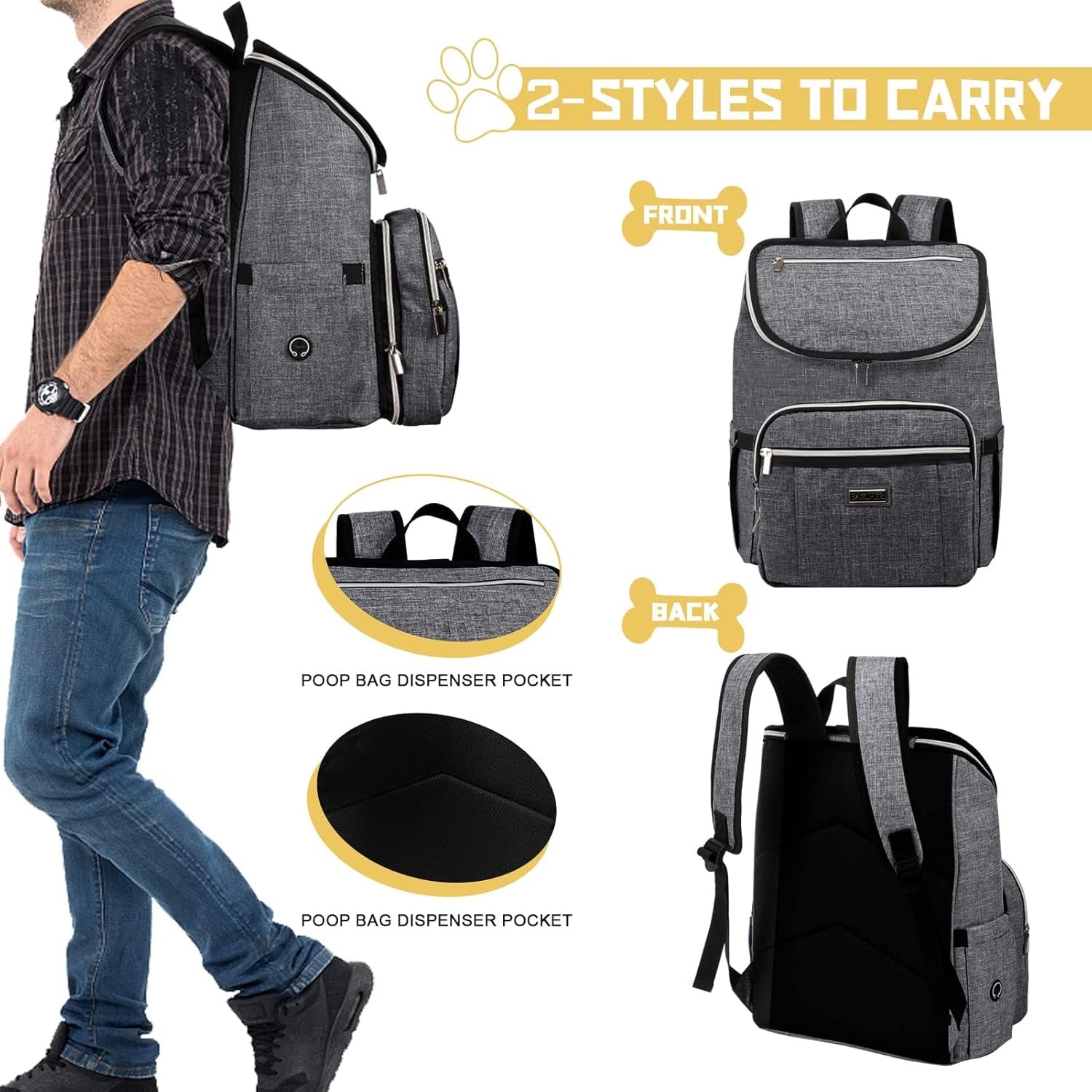 Travel Dog Backpack - Detachable Travel Dog Food Container for Pet Supplies Dog Gear Backpack,Dog Bag for Traveling with 2 Silicone Collapsible Bowls and 2 Food Baskets Grey