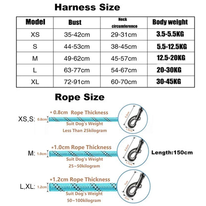 Pet Dogs Adjustable Harness Small and Large Dog Harness Vest,150Cm Strong Dog Leash Pet Leashes Reflective Leash Drag Pull Tow
