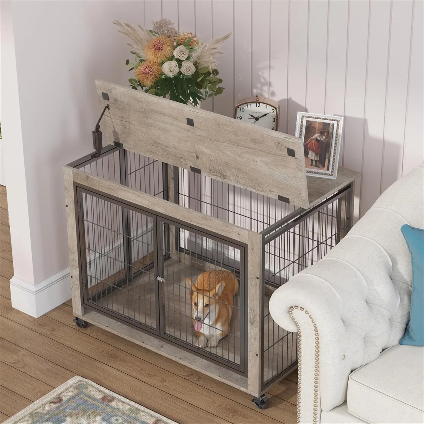 27 Inches Dog Crate Rustic Style Furniture Dog Cage Crate with Double Doors and Lift Top Heavy-Duty Kennel, Gray
