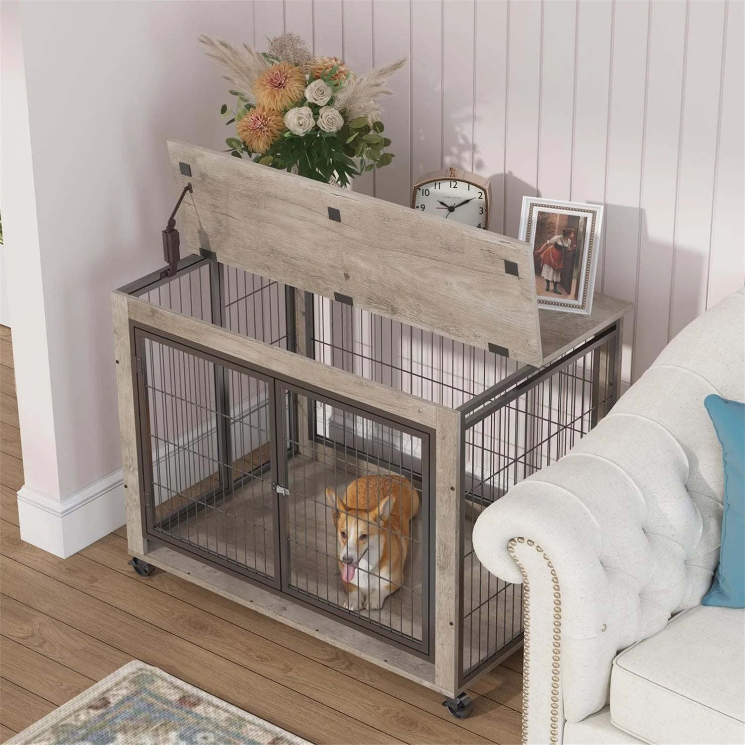 27 Inches Dog Crate Rustic Style Furniture Dog Cage Crate with Double Doors and Lift Top Heavy-Duty Kennel, Gray
