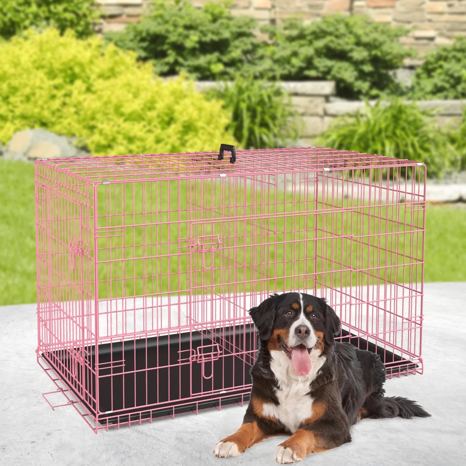 48 Inch Dog Crate, Dog Crates and Kennels for Big Dog Foldable Large Dog Crate for Large Dogs with Handle Double-Door Outdoor Metal Wire Dog Cage with Plastic Tray for Medium Dogs, Pink