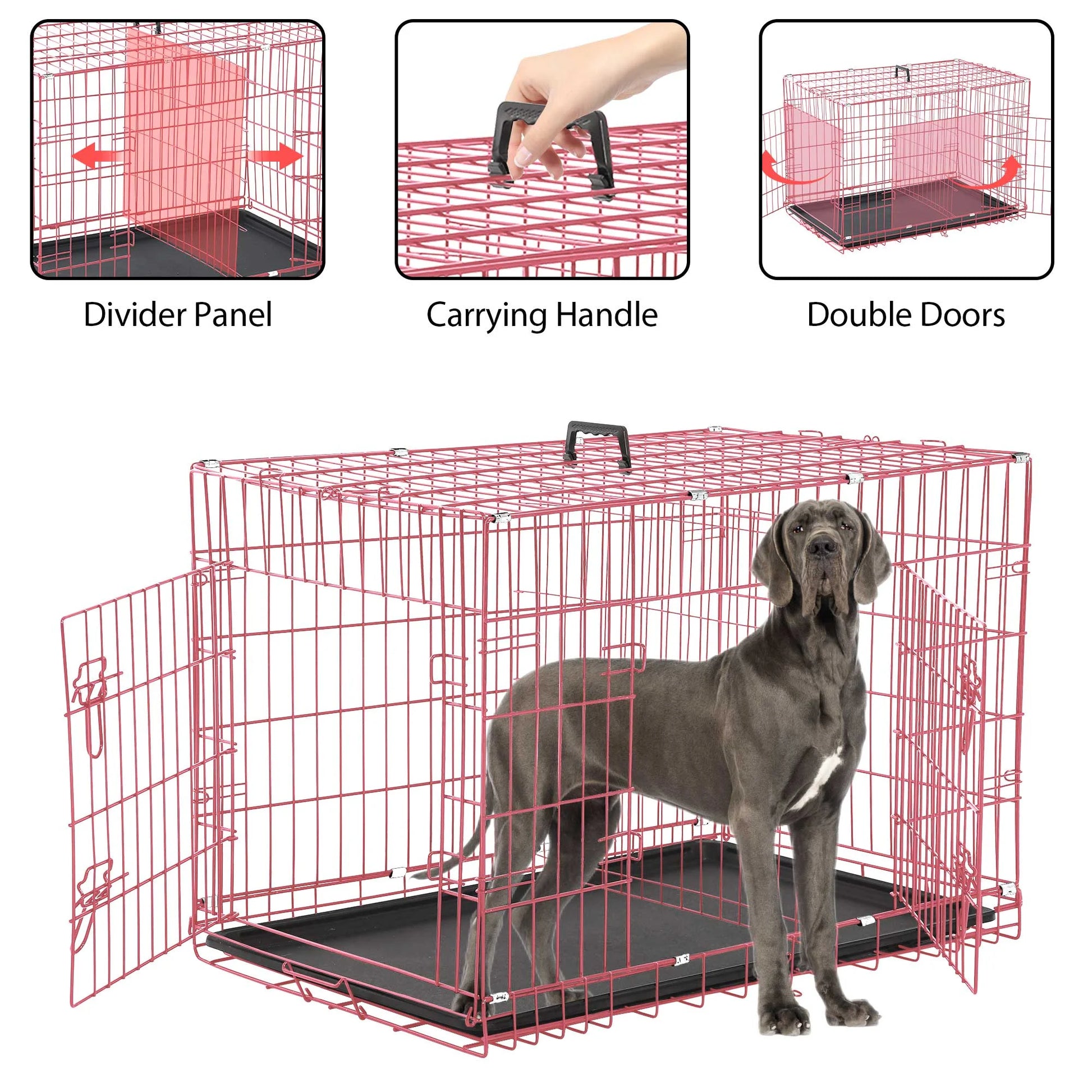 48 Inch Dog Crate, Dog Crates and Kennels for Big Dog Foldable Large Dog Crate for Large Dogs with Handle Double-Door Outdoor Metal Wire Dog Cage with Plastic Tray for Medium Dogs, Pink