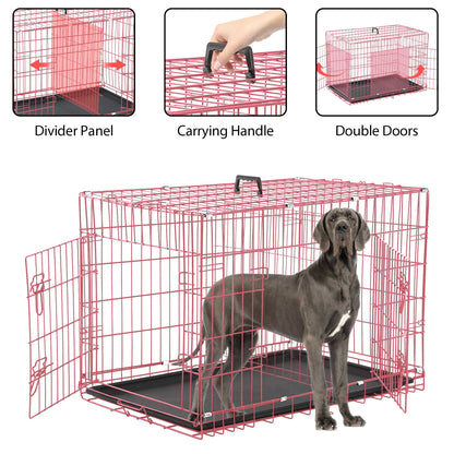 48 Inch Dog Crate, Dog Crates and Kennels for Big Dog Foldable Large Dog Crate for Large Dogs with Handle Double-Door Outdoor Metal Wire Dog Cage with Plastic Tray for Medium Dogs, Pink