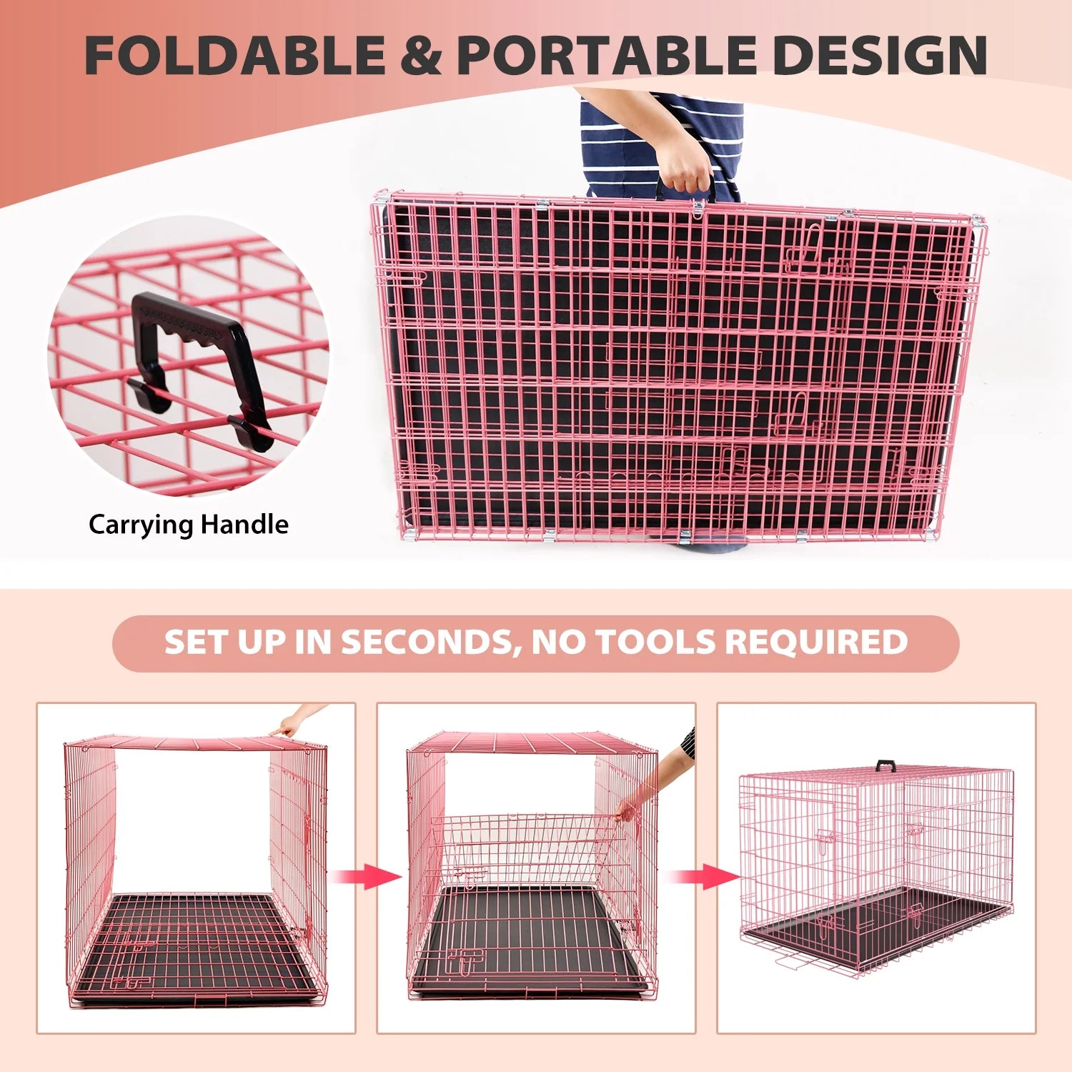 48 Inch Dog Crate, Dog Crates and Kennels for Big Dog Foldable Large Dog Crate for Large Dogs with Handle Double-Door Outdoor Metal Wire Dog Cage with Plastic Tray for Medium Dogs, Pink