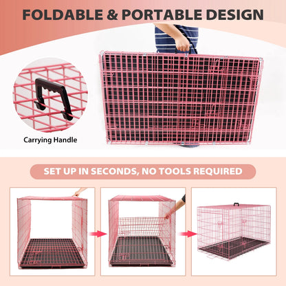 48 Inch Dog Crate, Dog Crates and Kennels for Big Dog Foldable Large Dog Crate for Large Dogs with Handle Double-Door Outdoor Metal Wire Dog Cage with Plastic Tray for Medium Dogs, Pink