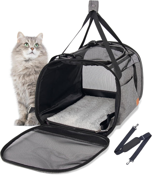 Cat Carrier for Large Cats 20 Lbs, Soft Sided Breathable Mesh Cat Travel Carrier, Large Cat Carrier Airline Approved, Washable Pet Carrier for Cats Small Dogs Puppies, Foldable Cat Carrier, Gray