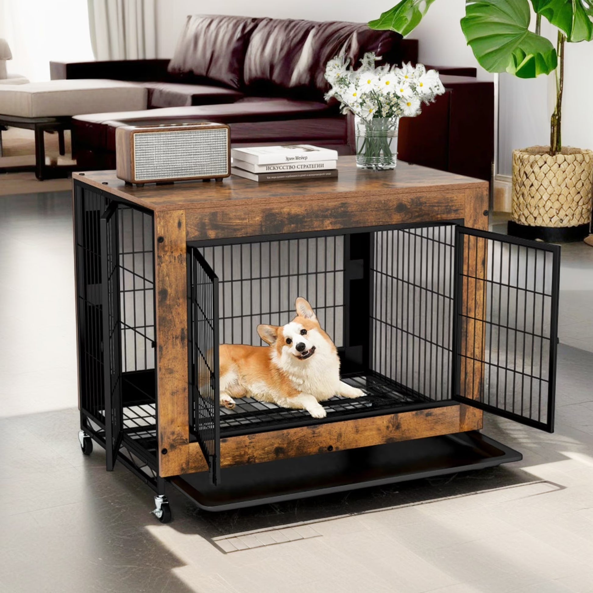 35" Dog Crate Rustic Style Furniture Dog Cage Crate with Double Doors and Lift Top Heavy-Duty Kennel, Brown