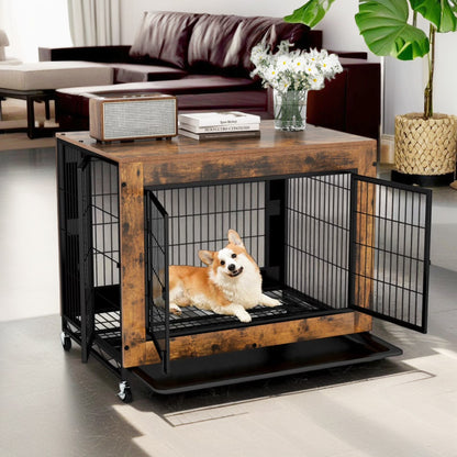 35" Dog Crate Rustic Style Furniture Dog Cage Crate with Double Doors and Lift Top Heavy-Duty Kennel, Brown