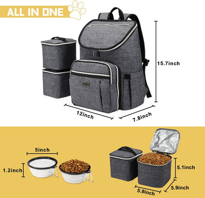 Travel Dog Backpack - Detachable Travel Dog Food Container for Pet Supplies Dog Gear Backpack,Dog Bag for Traveling with 2 Silicone Collapsible Bowls and 2 Food Baskets Grey