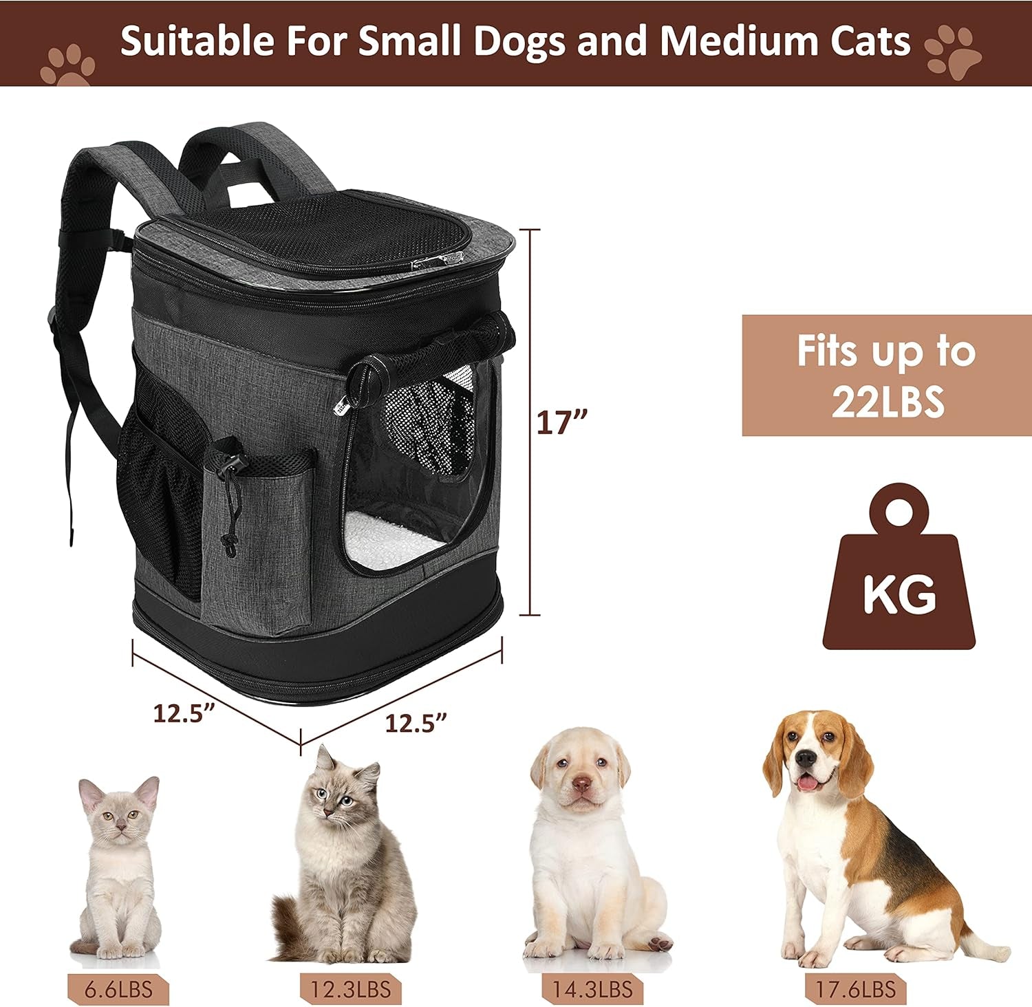 Two-Sided Entry Pet Backpack Travel Carrier for Cats & Small Dogs, Airline-Approved, Padded Back Support, Ideal for Hiking, Walking, Cycling & Outdoor Adventures