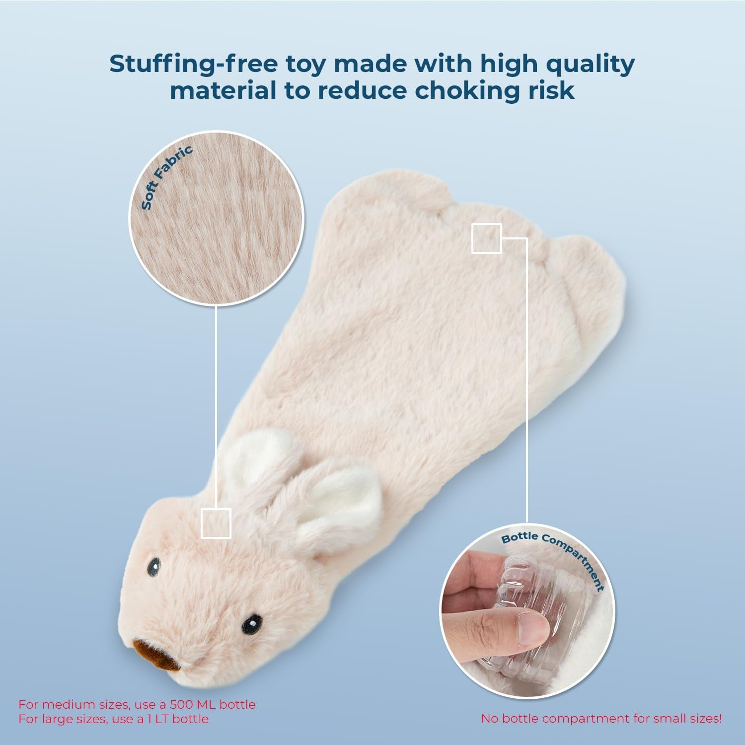 2-In-1 Stuffless Squeaky Dog Toys with Soft, Durable Fabric for Small, Medium, and Large Pets, No Stuffing for Indoor Play, Holds a Plastic Bottle - Hare, Medium