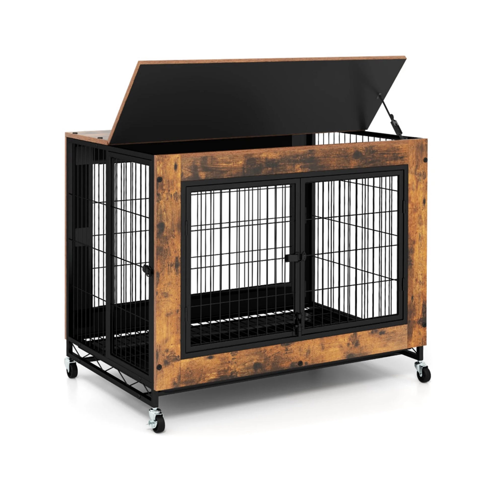 35" Dog Crate Rustic Style Furniture Dog Cage Crate with Double Doors and Lift Top Heavy-Duty Kennel, Brown