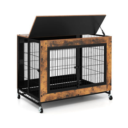 35" Dog Crate Rustic Style Furniture Dog Cage Crate with Double Doors and Lift Top Heavy-Duty Kennel, Brown