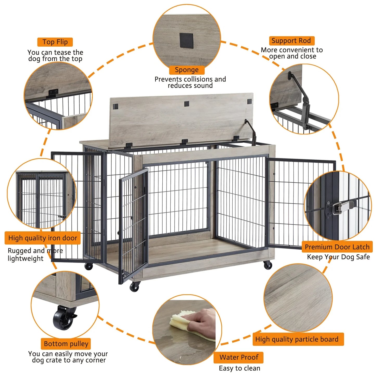 27 Inches Dog Crate Rustic Style Furniture Dog Cage Crate with Double Doors and Lift Top Heavy-Duty Kennel, Gray