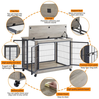 27 Inches Dog Crate Rustic Style Furniture Dog Cage Crate with Double Doors and Lift Top Heavy-Duty Kennel, Gray
