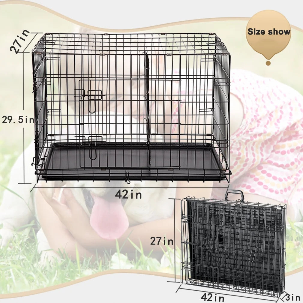 42" Folding Dog Cage Pet Kennel Crate with Divider, Metal