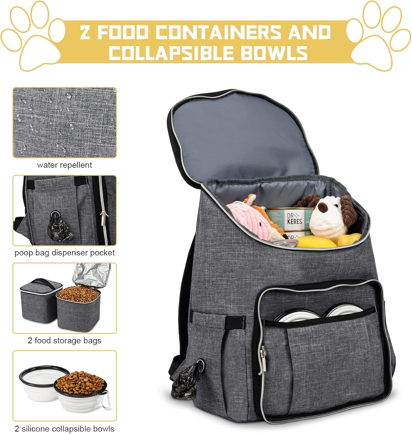 Travel Dog Backpack - Detachable Travel Dog Food Container for Pet Supplies Dog Gear Backpack,Dog Bag for Traveling with 2 Silicone Collapsible Bowls and 2 Food Baskets Grey