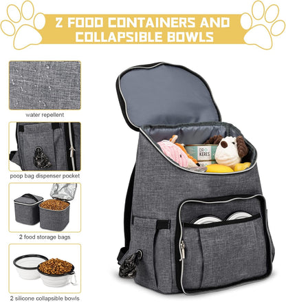Travel Dog Backpack - Detachable Travel Dog Food Container for Pet Supplies Dog Gear Backpack,Dog Bag for Traveling with 2 Silicone Collapsible Bowls and 2 Food Baskets Grey